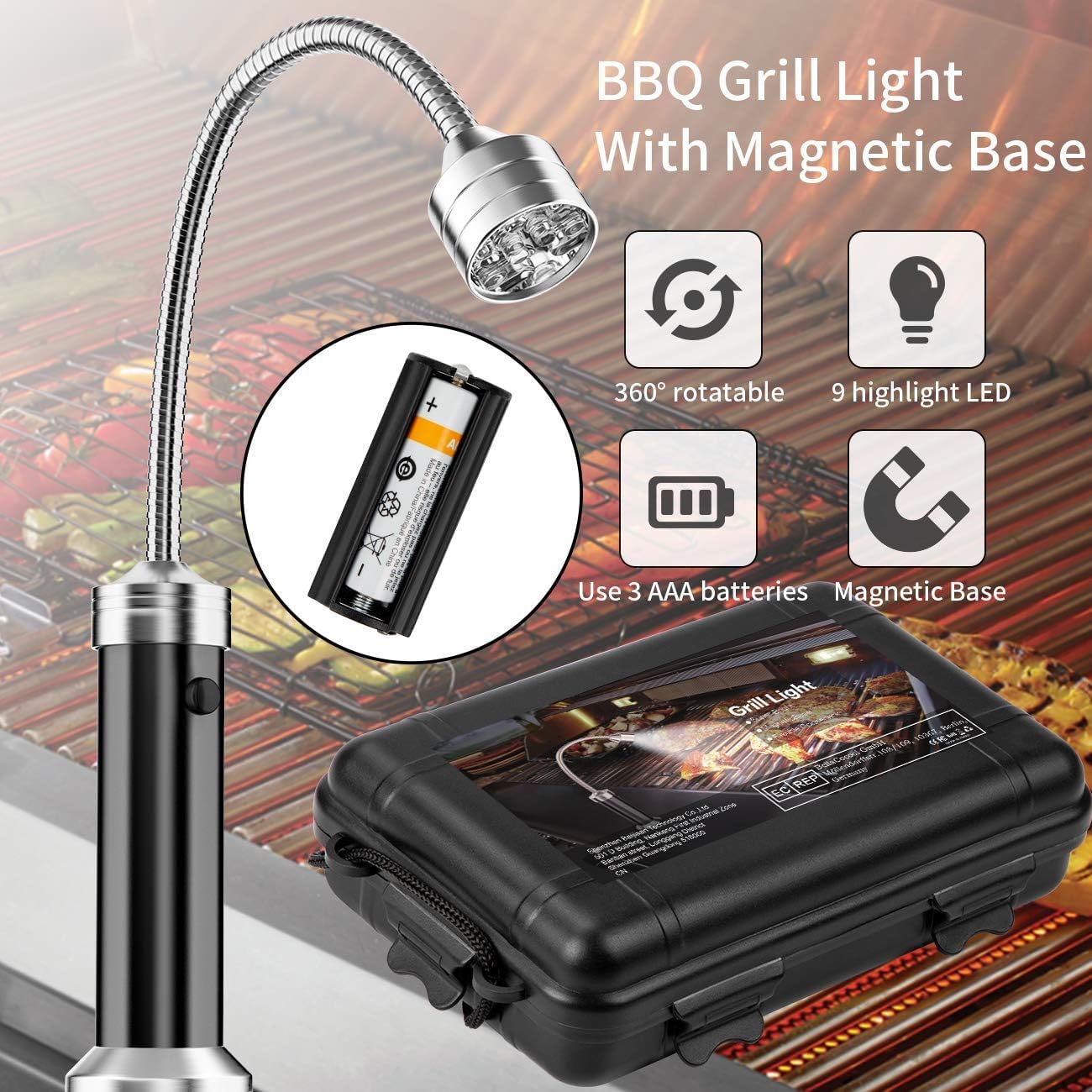 MojiDecor BBQ Barbecue Grill Light, Magnetic 360 Degree Adjustable BBQ Light Set Outdoor Grill Lights BBQ Accessories, Battery Operated, (2 Pack, Black)