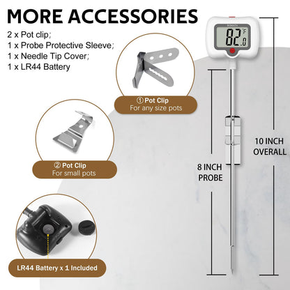BOMATA Candy Thermometer with Pot Clip, Instant Read Cooking Thermometer with 8" Long Probe, Rotating Display, for Candy Making, Food, Candle Making, Liquids, Water, Baking, Sugar, Grilling. White