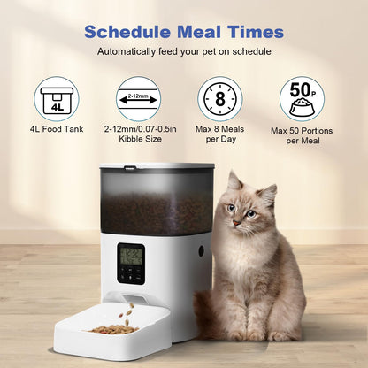 Automatic Cat Feeder, 4L Cat Food Dispenser with 10s Voice Recorder, Pet Feeder up to 8 Meals per Day, Timed Dog Feeder with Dry Food Sealed Ring (White, 4L-Basic)