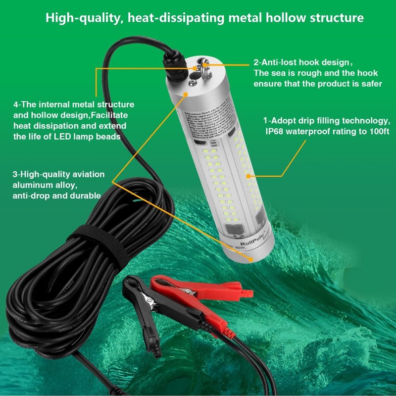 80W 9600lm Underwater Fishing Light, IP68 Waterproof Aluminum Super Bright Night Fish Attracting Submersible LED Lamp Lure Bait Finder for Freshwater Saltwater Sea Kayak Boat Ice Dock (Green)