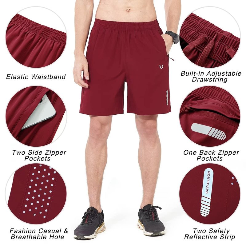 NORTHYARD Men's Athletic Running Shorts Gym Workout 7"/9"/5" Quick Dry Lightweight Sports Basketball Tennis 3 Zipper Pockets WineRed S