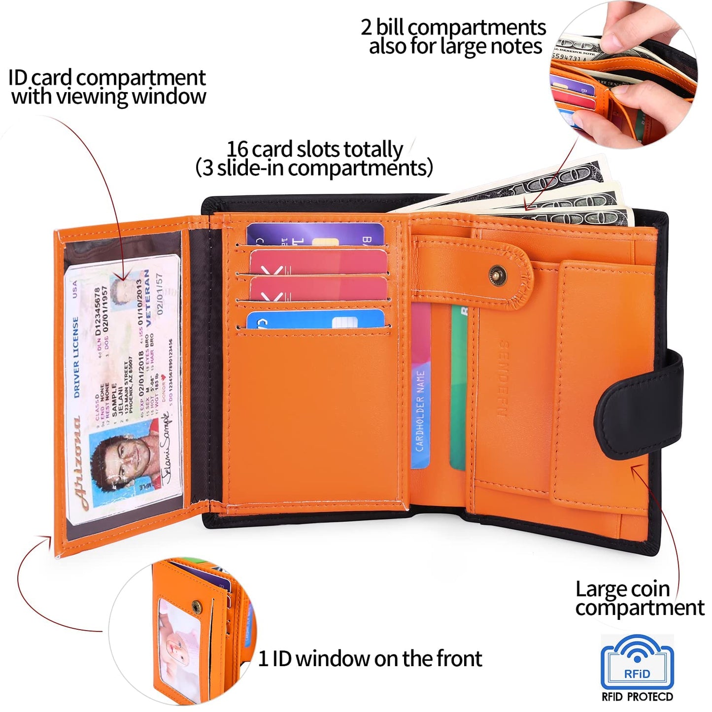 SENDEFN Men's Wallets Multifunctional RFID Blocking Leather Wallet Credit Card Trifold Compact Wallets for Men with ID Window & Coin Pocket