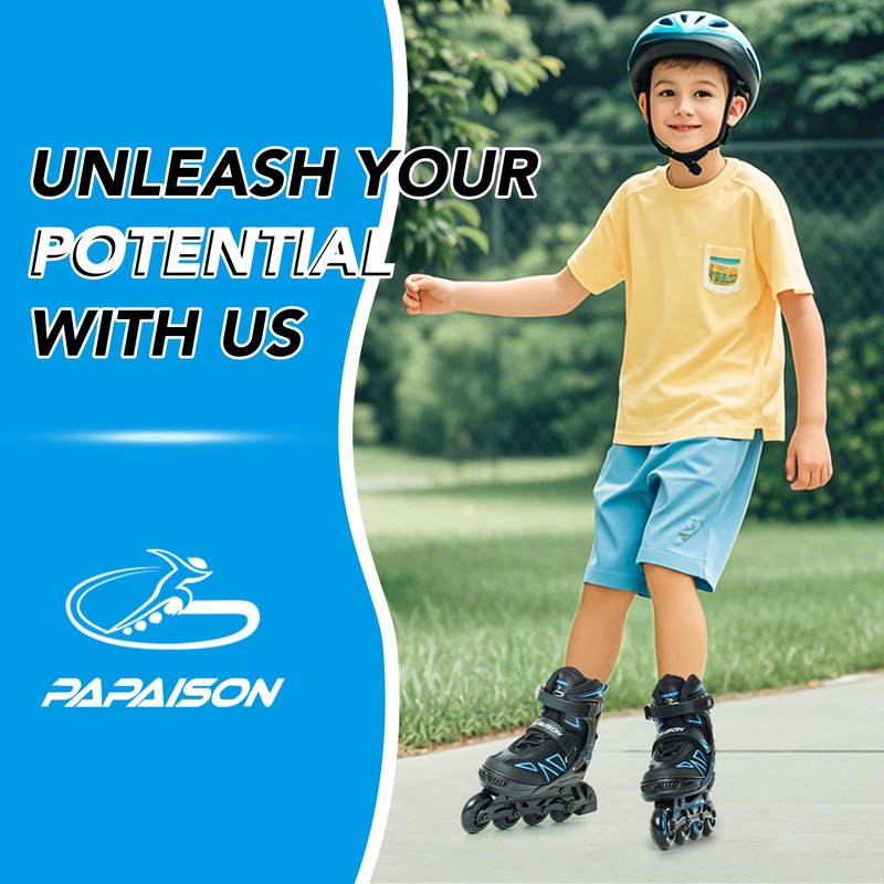 PAPAISON Boys Inline Skates Ages 5-8 8-12, Adjustable Size Beginner Roller Skates Blades for Kids Youth (Blue, Medium - Big Kid (1-4 US))