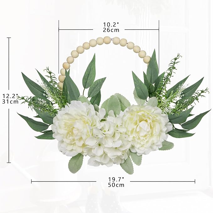 Spring Wreaths for Front Door 10" Artificial Floral Wood Bead Wreaths Eucalyptus Leaves Peony Hydrangea Wreaths for Front Door Boho Farmhouse Wall Decor 2 Pack - White