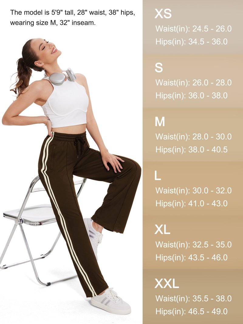 Tapata Tall Womens 34" Inseam Track Pants Relaxed Fit Striped Workout Sweatpants Baggy Trousers with Zipper Pockets, Brown, M