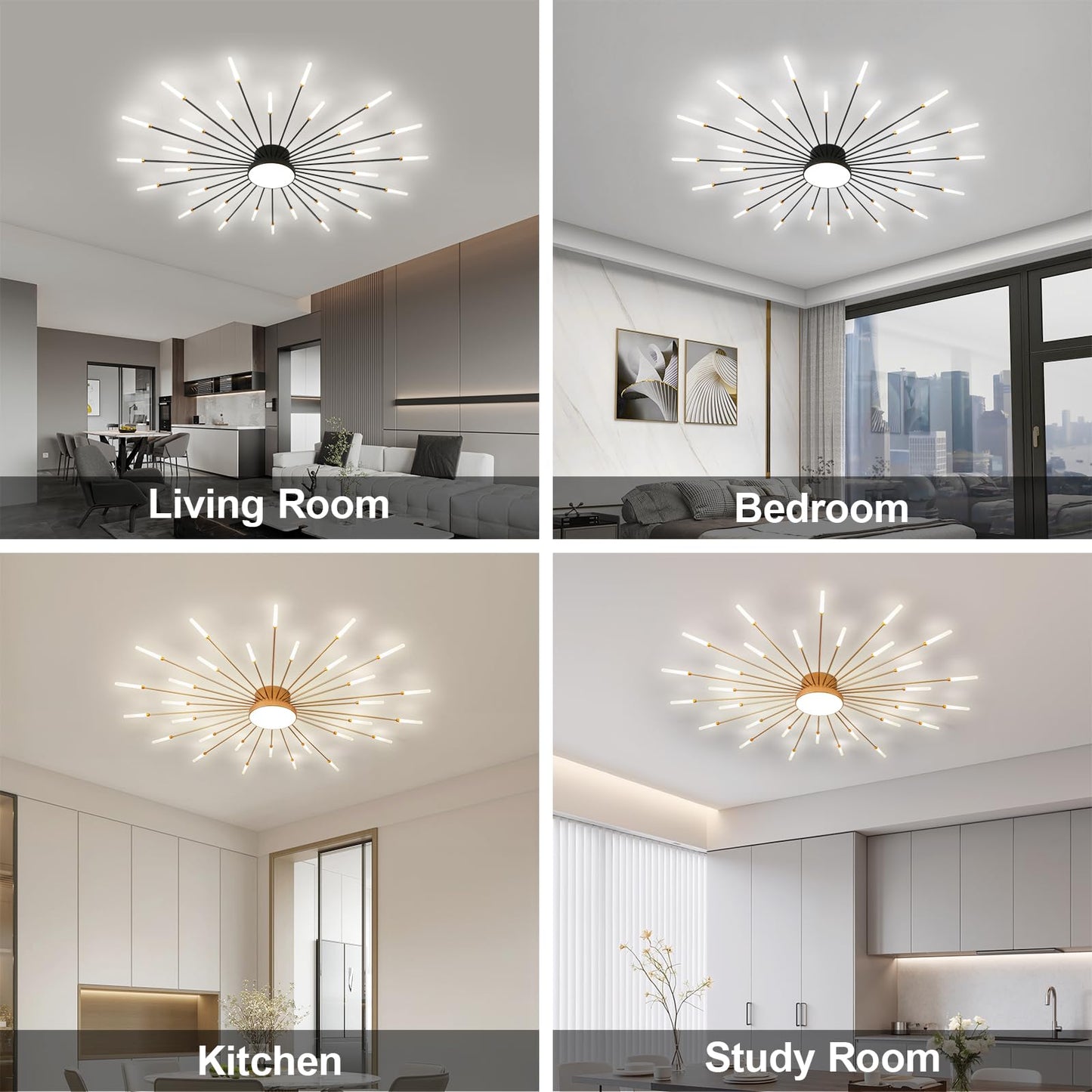 JAYMP Ceiling Light Modern Flower Shape Ceiling Lamp for Living Room Dining Room Flush Mount Metal Acrylic Sputnik Firework Petal LED Lighting Fixture (Matte Black, 30+1 Lights)