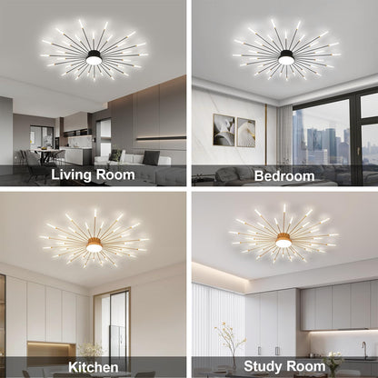 JAYMP Ceiling Light Modern Flower Shape Ceiling Lamp for Living Room Dining Room Flush Mount Metal Acrylic Sputnik Firework Petal LED Lighting Fixture (Matte Black, 30+1 Lights)