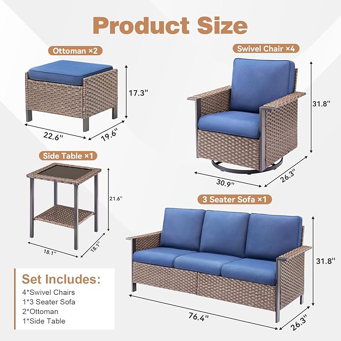 Outdoor Patio Furniture Set-8 Pieces All-Weather Wicker 3 Seater Sofa with Swivel Rocker Patio Chairs Set of 4, Wicker Outdoor Conversation Sets for Porch Deck Backyard Brown/Beige