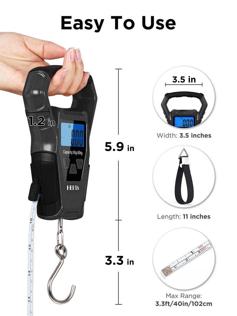 HEETA Waterproof Fish Scale Digital with Backlit LCD Display, 110lb/50kg Portable Hanging Scale Fishing Scale for Home and Outdoor, Measuring Tape and 2 AAA Batteries Included (Black)