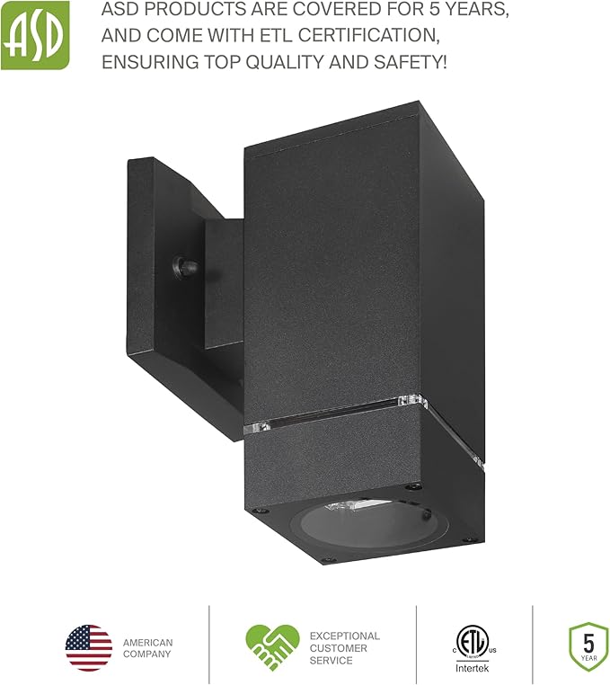 ASD 1 Light Square Outdoor Wall Light Fixture | 60W E26 Bulb Socket 120V ETL Cylinder Up Down Lights | LED/CFL/Incandescent Bulb Exterior Wall Sconce | Front Door, Porch Patio | Ringed Black