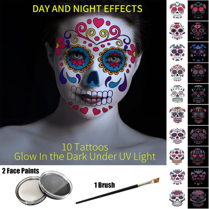 Jim&Gloria Black and White Face Paint with Brush, Waterproof Day of the Dead Tattoo Professional SFX Makeup Kit for Joker, Clown, Mime, Cosplay, Costume Skull Skeleton, Sports Body Painting Set