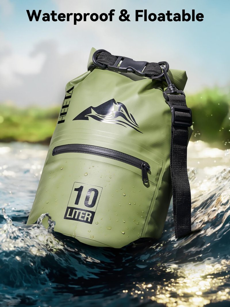 HEETA Waterproof Dry Bag with Front Zippered Pocket for Women Men, Roll Top Lightweight Dry Storage Bag Backpack for Travel, Kayaking, Boating, Rafting, Camping, Hiking & Beach (Green, 10L)