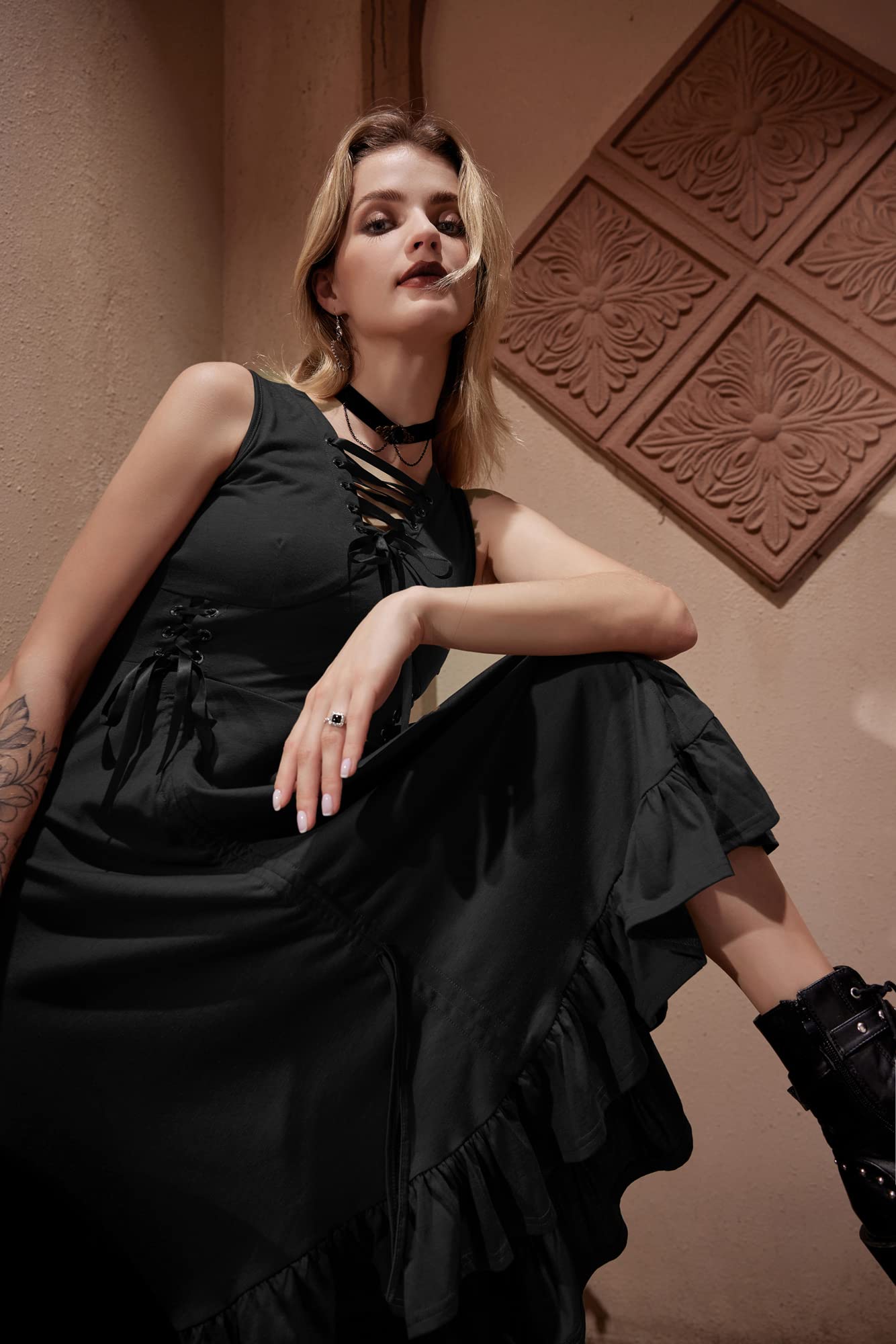 Black Goth Dress for Women Vintage Sleeveless Ruffle High Low Steampunk Dress Black XL