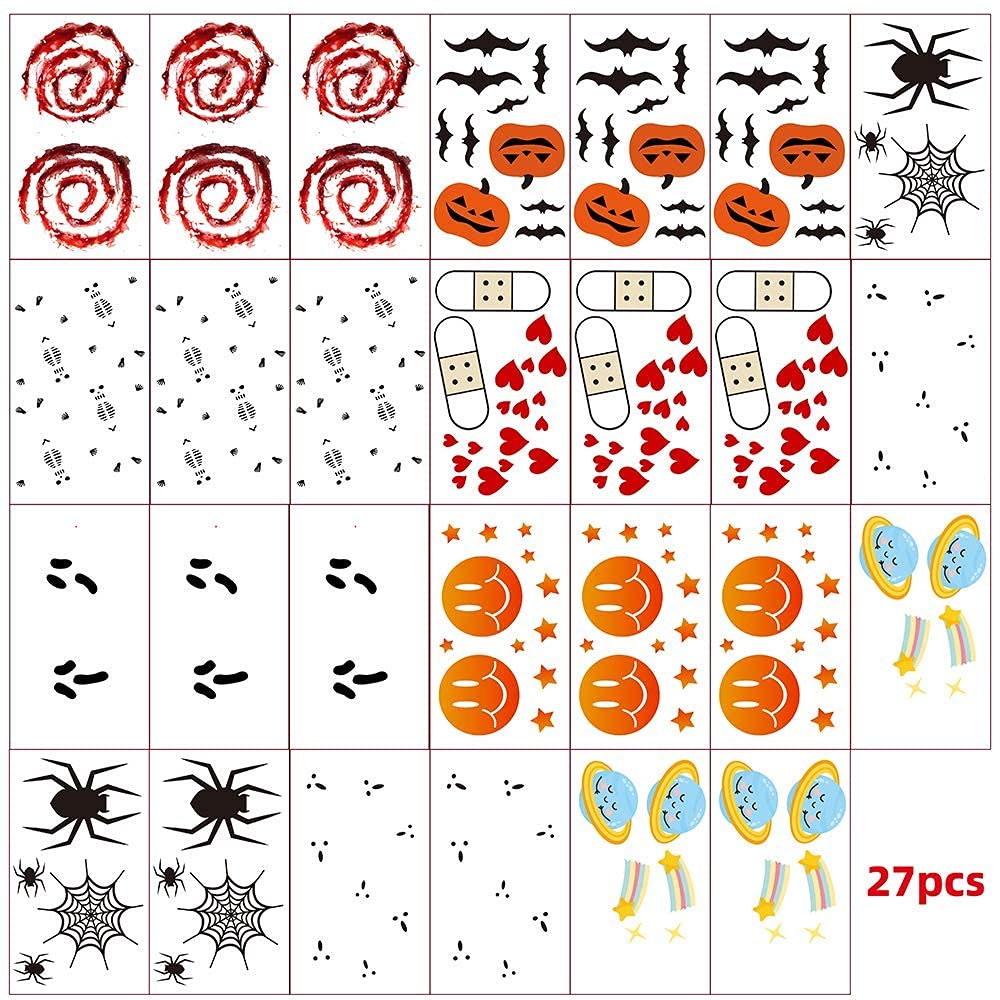 Halloween tattoo stickers cute cartoon pumpkin spider white ghost skull black 27pcs (9 models, 3 for each)