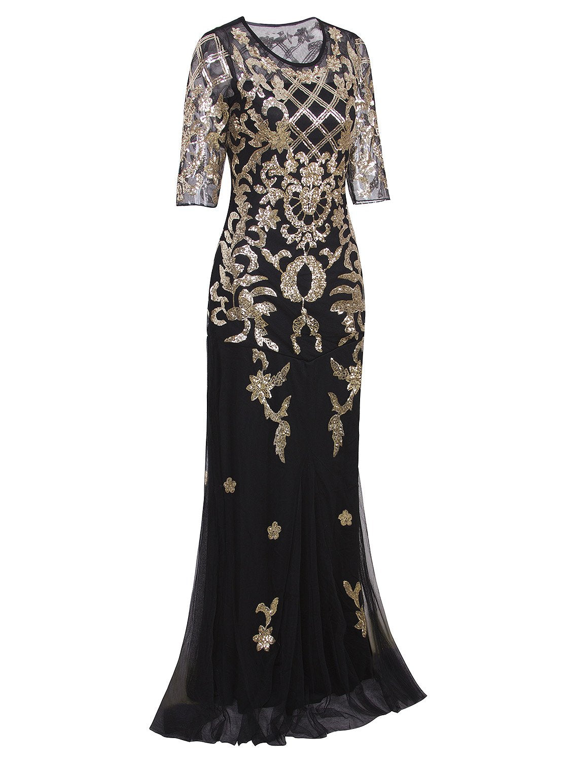 Vijiv Vintage 1920s Long Wedding Prom Dresses 2/3 Sleeve Sequin Party Evening Gown, Black/Gold, L