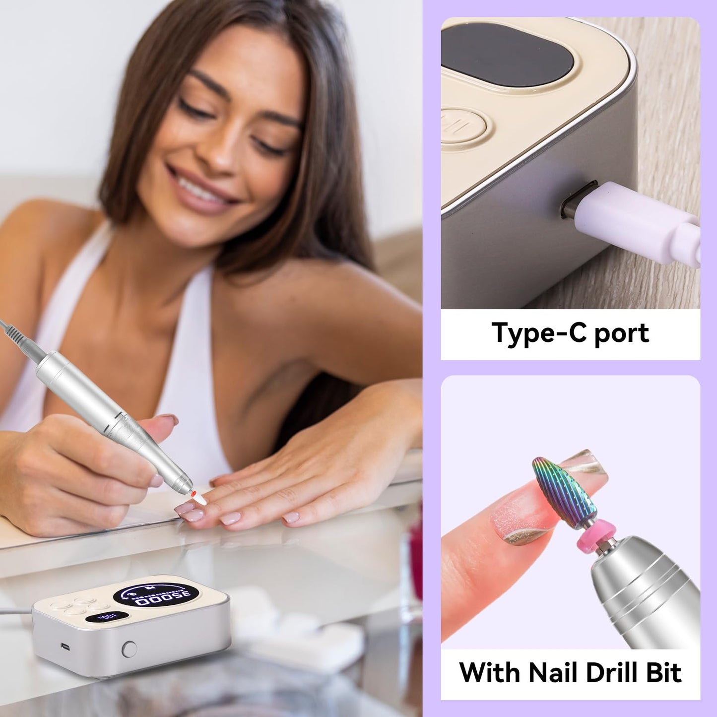 Makartt Electric Nail Drill - 35000RPM Rechargeable Efile with Coreless Motor, Nouvella Portable Nail Filer Machine for Acrylic Gel Removal with Drill Bits Set, Black
