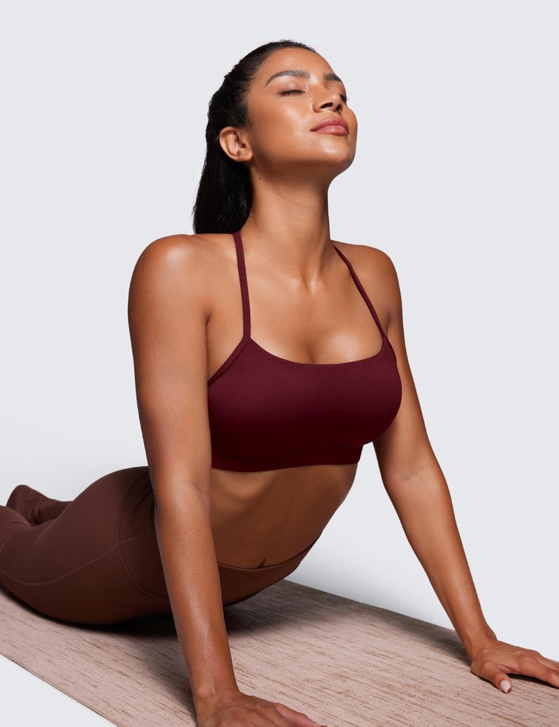 CRZ YOGA Butterluxe Y Back Sports Bras for Women - Padded Racerback Low Impact Spaghetti Thin Strap Workout Yoga Top Red Merlot Large