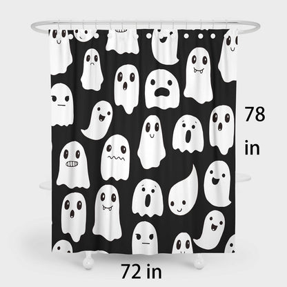 SHENGJUN 72x78 Inches Halloween Ghost Shower Curtain, Spooky Cute Funny Cartoon Ghosts Icons Black and White Fabric Kids Boy Trick or Treat Bathroom Shower Curtain with 12 Hooks