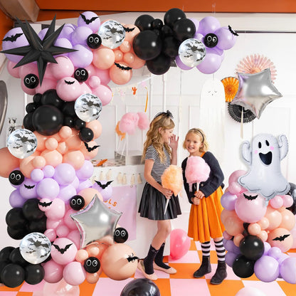 Jobkoo Halloween Balloon Garland Arch Kit, Black Purple Pink Halloween Baby Shower Latex Balloons with 3D Bat Ghost Witch Mylar Foil Balloons Set for Happy Halloween Birthday Decoration Indoor Outdoor