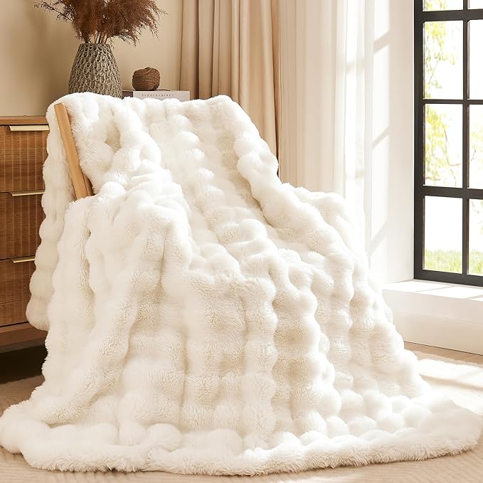 L'AGRATY Faux Fur Throw Blanket: 90" x 90" Luxury Soft Fluffy Thick Rabbit Fur Blankets for Queen Bed Couch - Cozy Plush Bubble Blankets for Winter: Warm Flannel Fleece Decorative Blanket(Cream White)