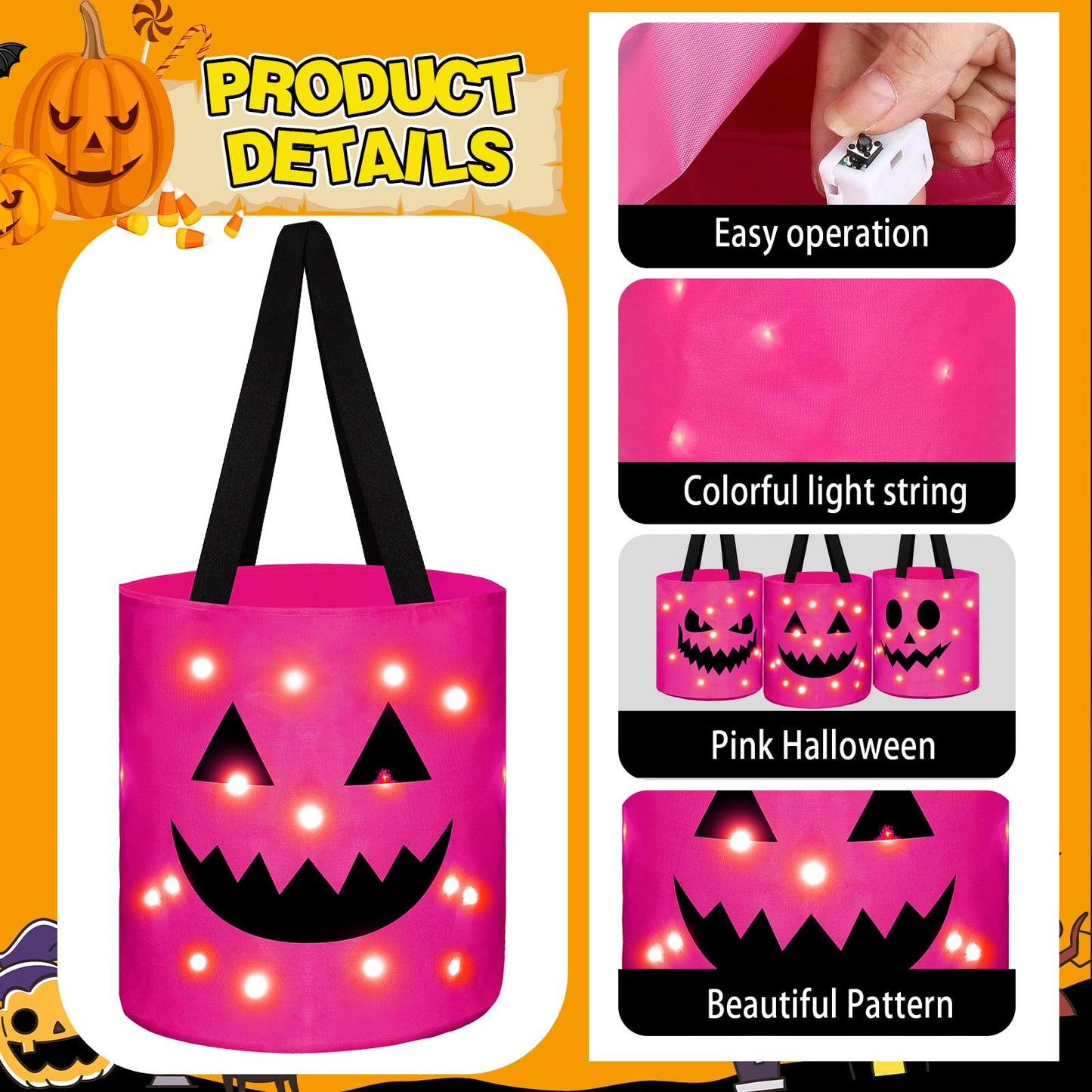 Sadnyy 3 Pcs Halloween Trick or Treat Bags Light up for Kids Pumpkin Candy Bucket LED Halloween Treating Baskets Reusable Goody Tote Bag for Party Favor Supplies(Pink, Blue, Orange)