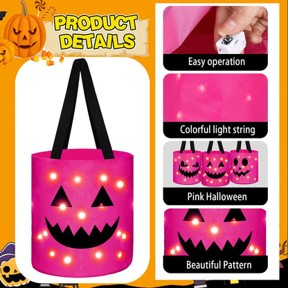 Sadnyy 3 Pcs Halloween Trick or Treat Bags Light up for Kids Pumpkin Candy Bucket LED Halloween Treating Baskets Reusable Goody Tote Bag for Party Favor Supplies(Pink, Blue, Orange)