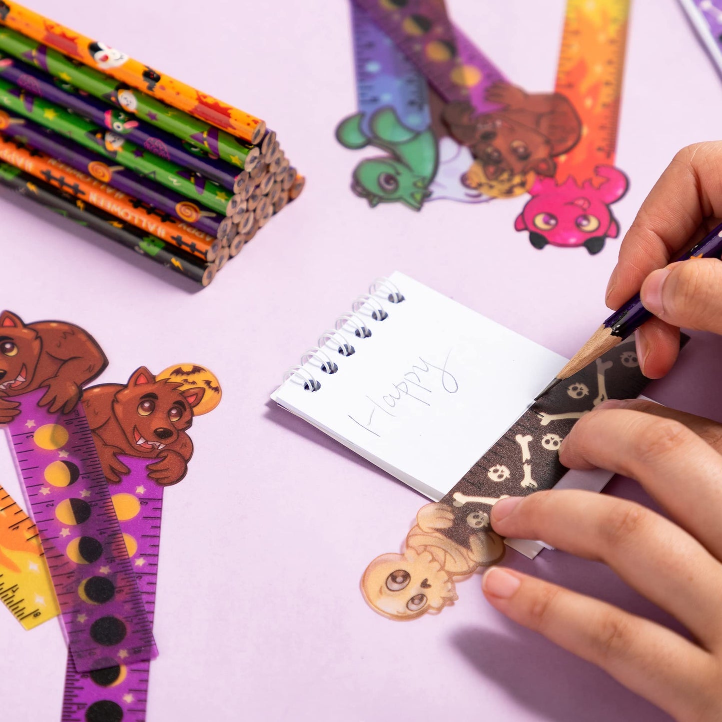 JOYIN 96 Pcs Halloween Pencils and Rulers Stationery Set Included 48Pcs Assorted Pencils with 12 Designs, 48Pcs Halloween Bookmarks Bulk with 6 Patterns for Kids Party Favors Supplies,Non Candy Treats