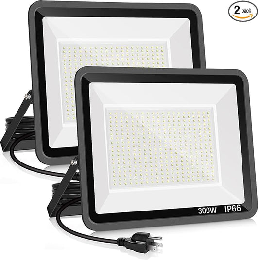 2 Pack 300W LED Flood Light Outdoor,2000W Equivalent 43500LM 5000K Daylight White Super Bright FloodLight with Plug,IP66 Waterproof Commercial Lighting for Sports Fields,Counts,Arena,Stadium
