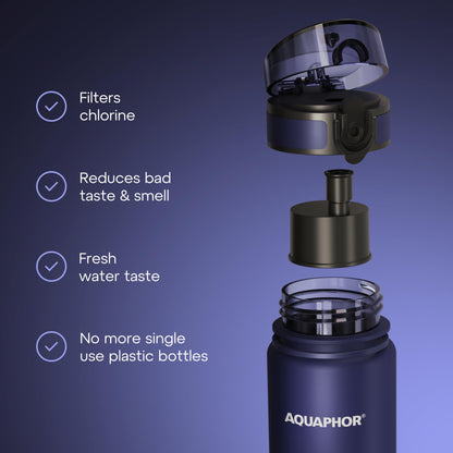 AQUAPHOR City Filtered Water Bottle in Tritan BPA-free - Portable with Integrated Water Purifying Filter 500 ml - Navy