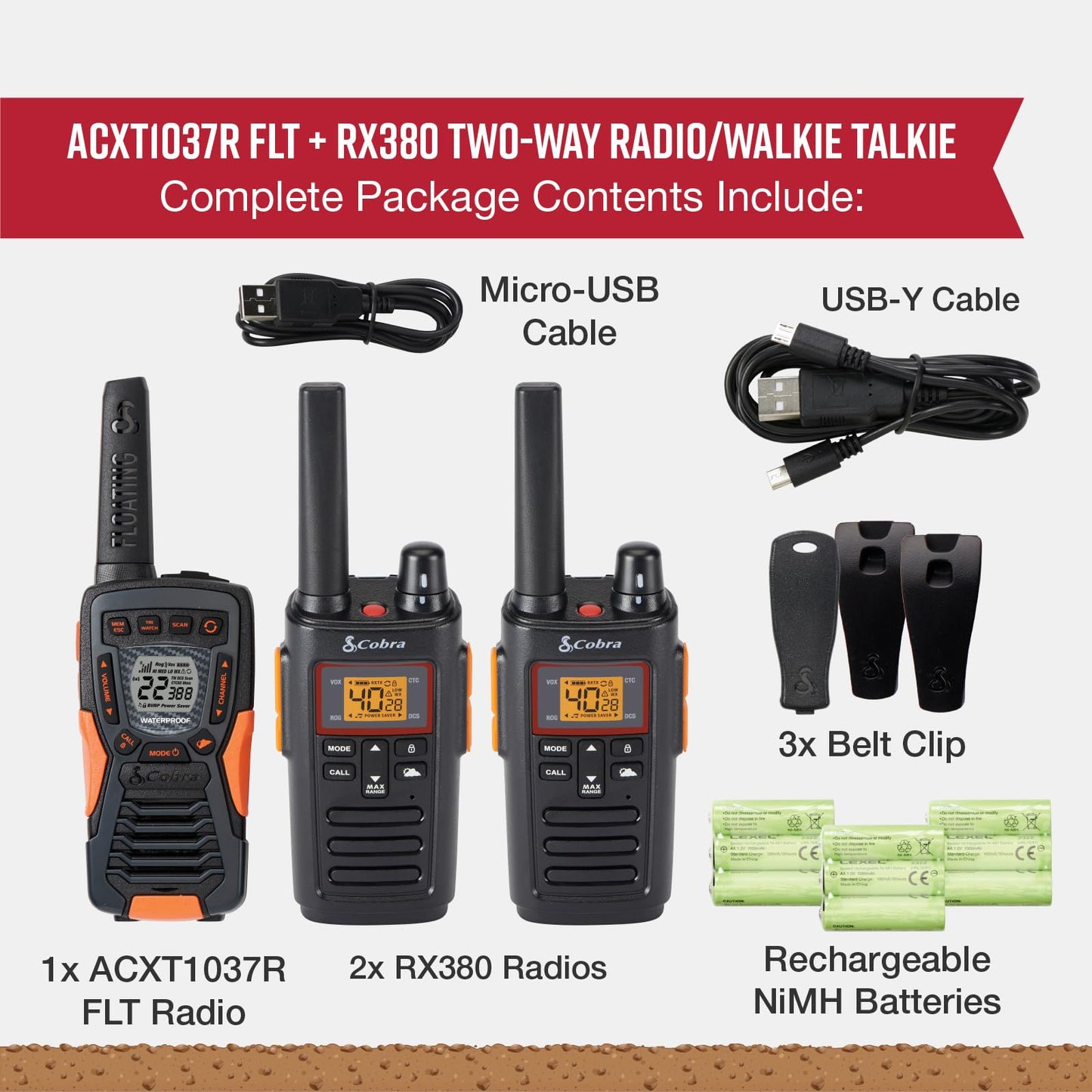 Cobra RX680 Walkie Talkies (2-Pack) - Rugged & Splashproof Two Way Radios Long Range, IP54 Water Resistant Design, 60 Pre-Programmed Channels, Weather Alerts, Included Charging Dock (Black/Orange)