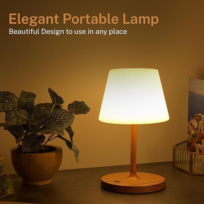 Battery Operated Table Lamp & Power Bank - 5000mAh Rechargeable Battery Powered, Touch Dimmable, 3 Color Temperatures, IP44 Waterproof Lamp Light for Home, Patio Outdoor Use - 9.6 In Modern Wood Grain