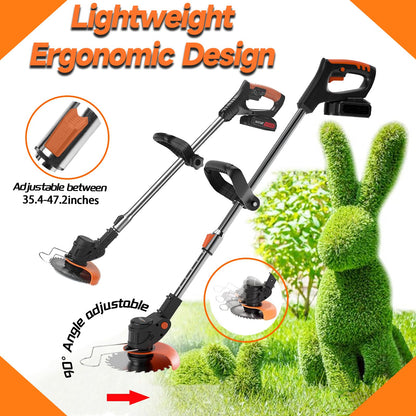 Gompuy Strimmer, Cordless Garden Strimmer with Blades, Grass Trimmer 90° Head Adjustment, Electric Strimmer with 2 X 21V Battery and UK Charger, Brush Cutter is Suitable for Small and Medium Gardens