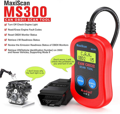 Autel MS300 OBD2 Scanner Code Reader, Turn Off Check Engine Light, Read & Erase Fault Codes, Check Emission Monitor Status CAN Diagnostic Scan Tool