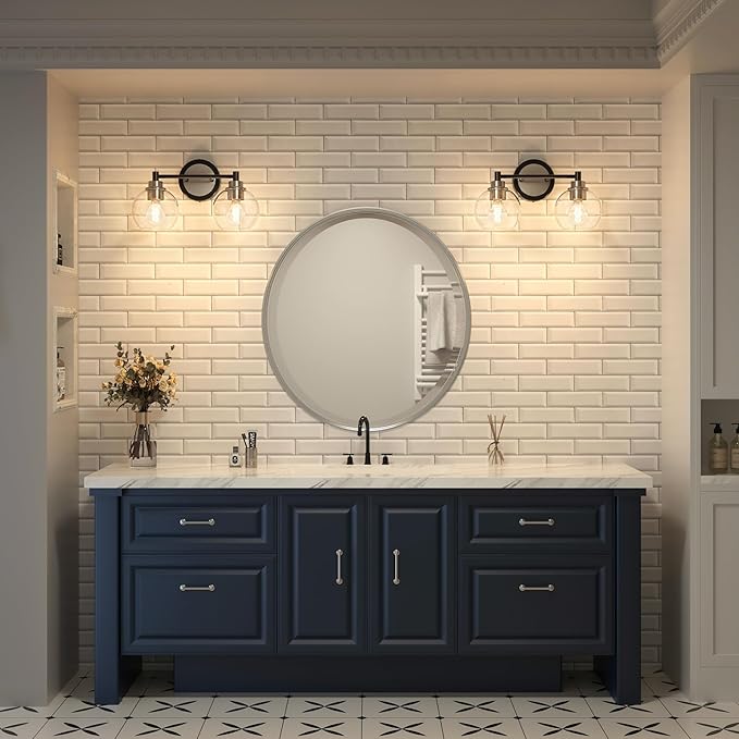 VONLUCE Bathroom Light Fixtures, 2-Light Vanity Light with Globe Glass Shades E26 Sockets, Bathroom Lights Over Mirror for Bedroom Hallway Living Room, Black & Nickel Finish