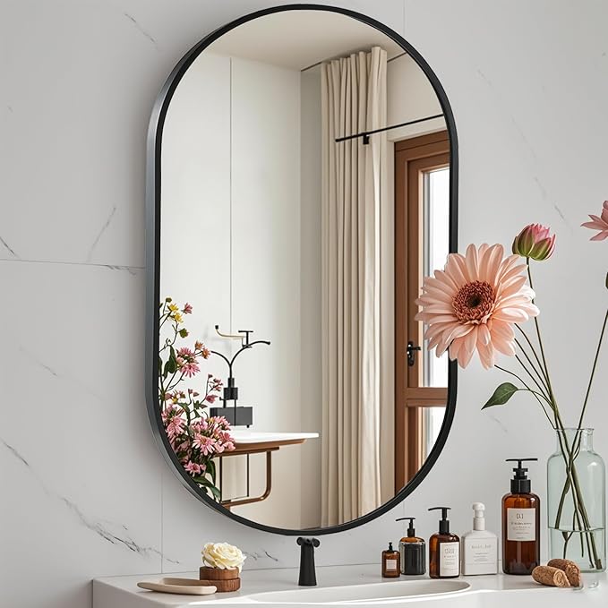 26x38 inch Oval Bathroom Mirror, Black Vanity Wall Mirror with Brushed Metal Frame, Oval Mirrors for Bathroom, Entryway, Over Sink, Living Room
