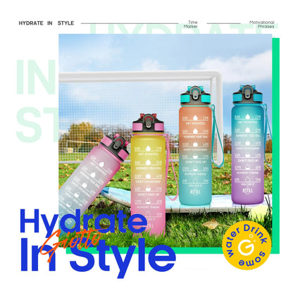 Giotto 32oz Large Leakproof BPA Free Drinking Water Bottle with Time Marker & Straw to Ensure You Drink Enough Water Throughout The Day for Fitness and Outdoor Enthusiasts-Ombre Green Purple