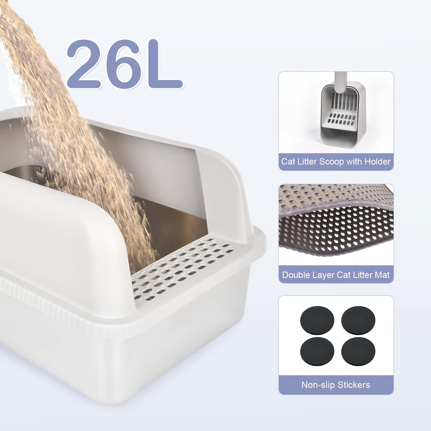 Henkelion Stainless Steel Cat Litter Box with Lid, 20" L x 14.2" W x 11.8" H, Extra Large Litter Box for Big Cats with High Sided, Anti-Urine Leakage, Easy Cleaning, Include Cat Mat and Scoop