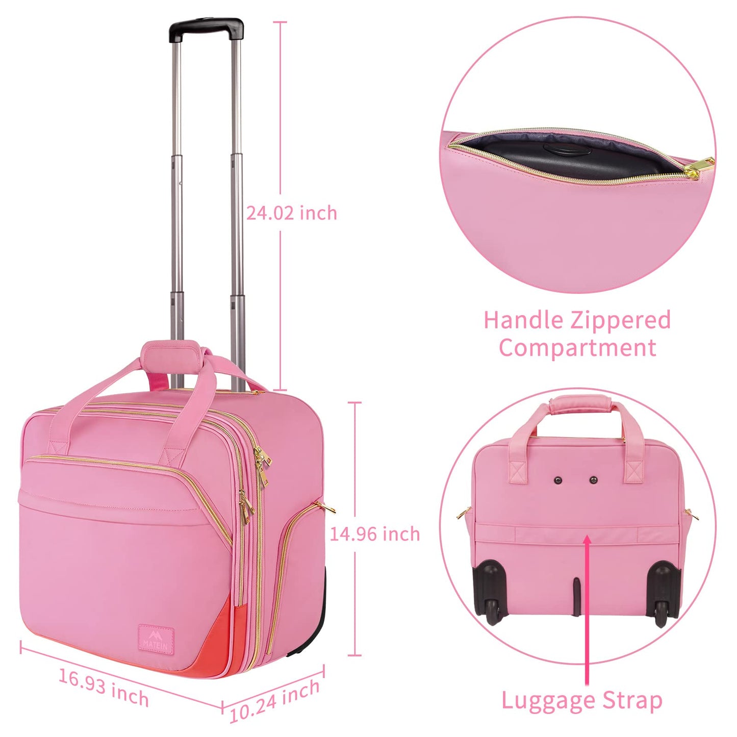 MATEIN Laptop Bag on Wheels for Women, 17 Inch Laptop Case Travel Rolling Briefcase Womens Computer Case Ladies Lightweight Office Bag Carry on Suitcase for Flight, Airplane, Pink