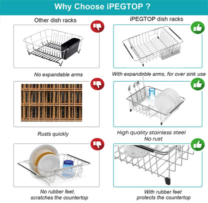 iPEGTOP Expandable Multifunctional Dish Drying Rack, Rustproof Stainless Over Sink Dish Drainer Rack Basket Shelf, Dish Drainer in Sink or On Counter Organizer with Utensil Cutlery Holder