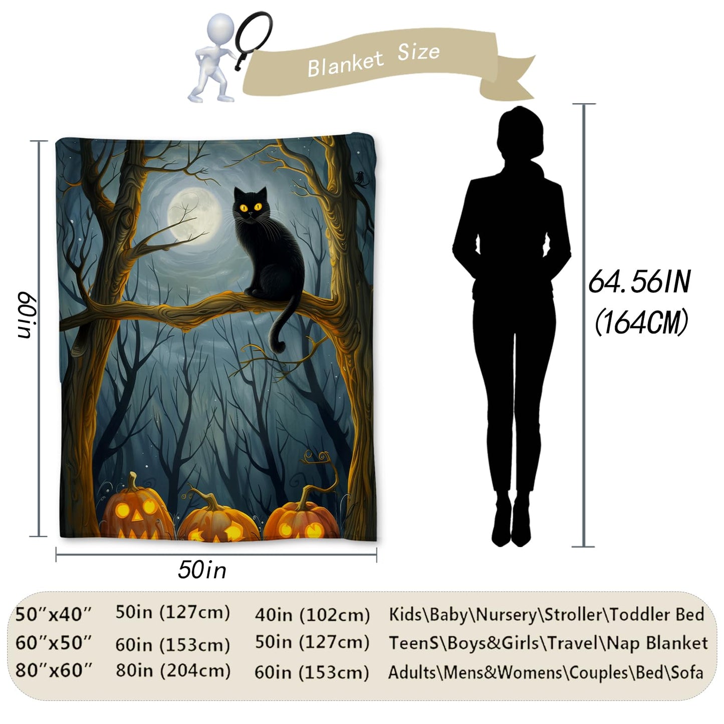 Ti Caldi Spooky Black Cat & Pumpkin Blanket | Soft Warm Fuzzy Lightweight Flannel Throw Blanket for Couch, Bed, Halloween Decor, Travel & Outdoor Use, Cozy Blankets for Adults Women Men 60×50 in