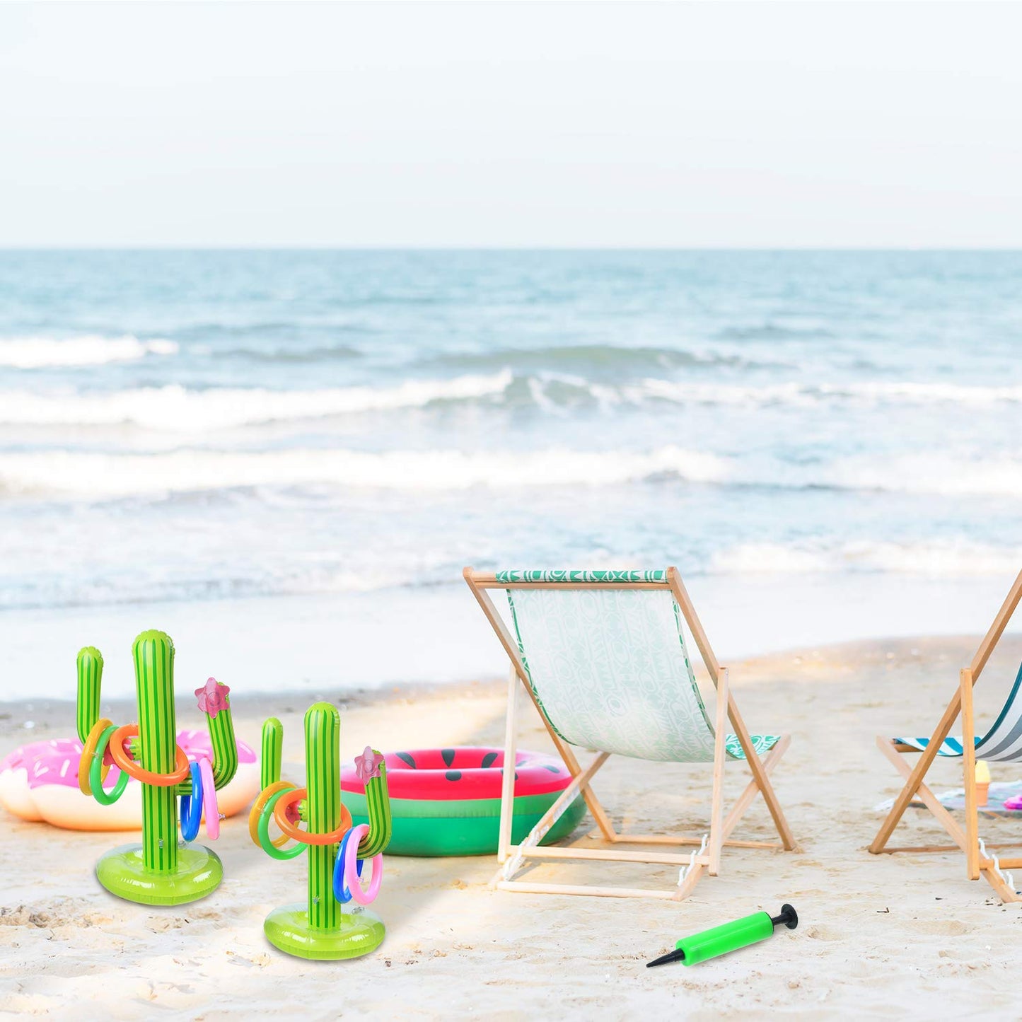 Gejoy 2 Pieces Inflatable Cactus Ring Toss Game Set Floating Swimming Ring Toss with 10 Pieces Inflatable Rings for Summer Hawaiian Pool Beach Luau Party Supplies