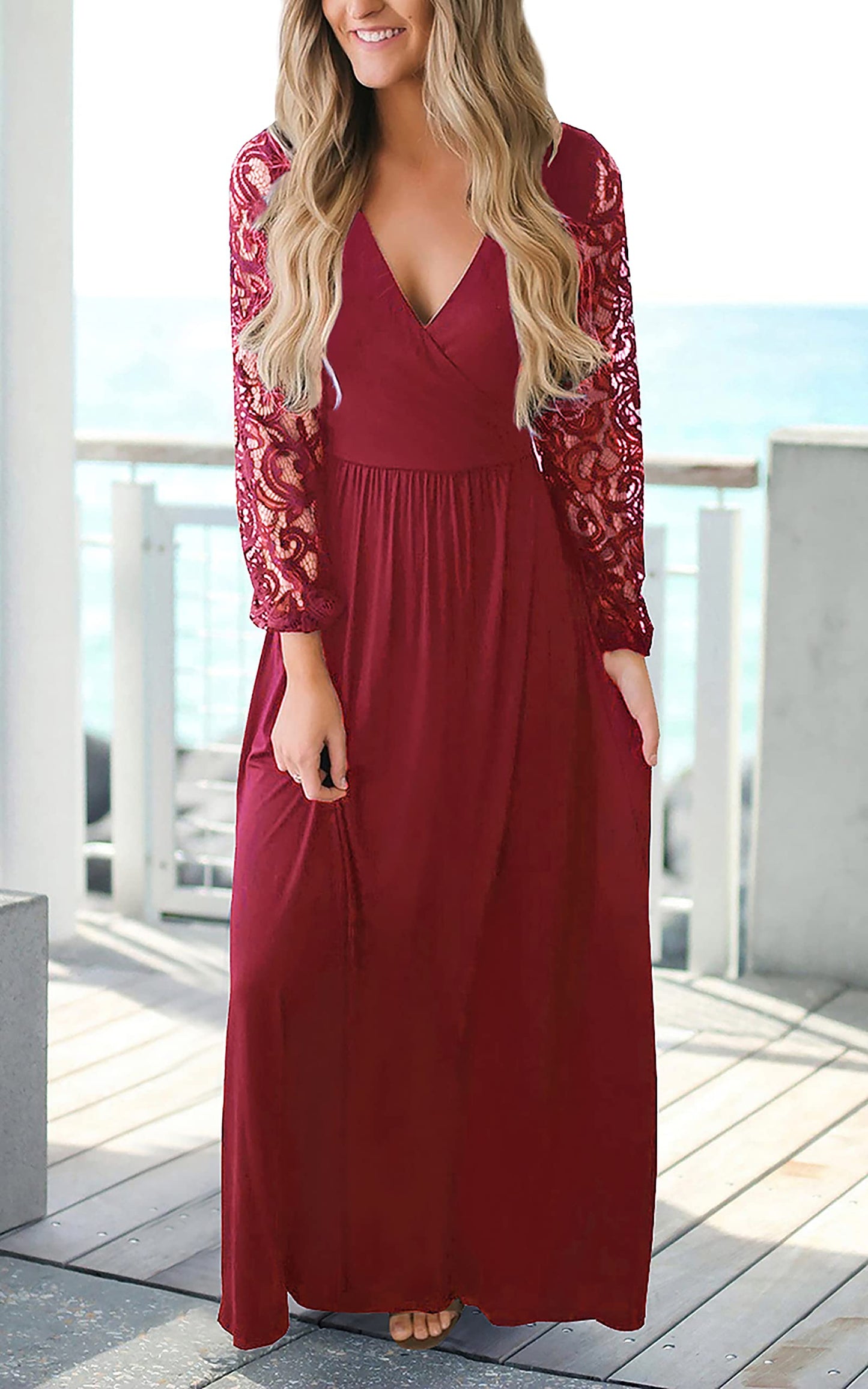 Kranda Christmas Dress Women's Casual Floral Lace Long Sleeve Faux Wrap V Neck Bridesmaid Maxi Dress Wine Red M
