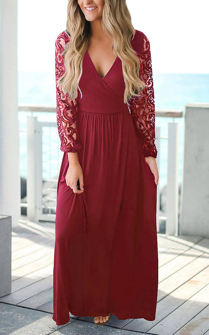Kranda Christmas Dress Women's Casual Floral Lace Long Sleeve Faux Wrap V Neck Bridesmaid Maxi Dress Wine Red M
