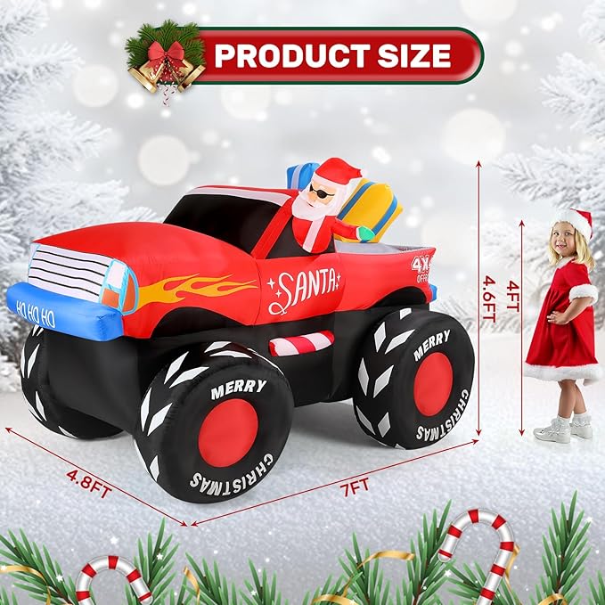 7FT Christmas Inflatables Outdoor, Santa Claus on Monster Truck Blow Up Yard Decor with Built-in LED Lights, Waterproof Xmas Decorations for Garden Lawn Holiday Party