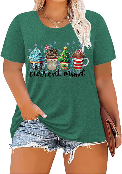 ForHailey Christmas Shirts for Women Plus Size Tops Merry Christmas Tee Shirts 2025 Crew Neck Funny Short Sleeve Tshirts Christmas Outfits Cup Cake Green 3X-Large