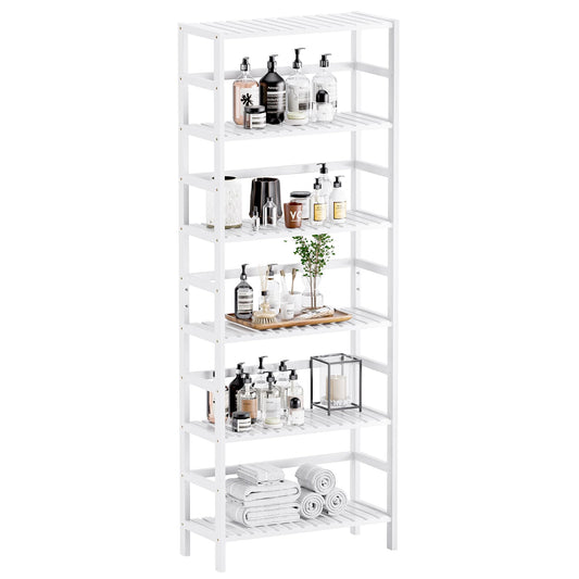 HITNET Bookshelf, 6-Tier Tall Bookcase Freestanding Bamboo Book Shelf Bathroom Storage Organizer with Adjustable Shelves, White