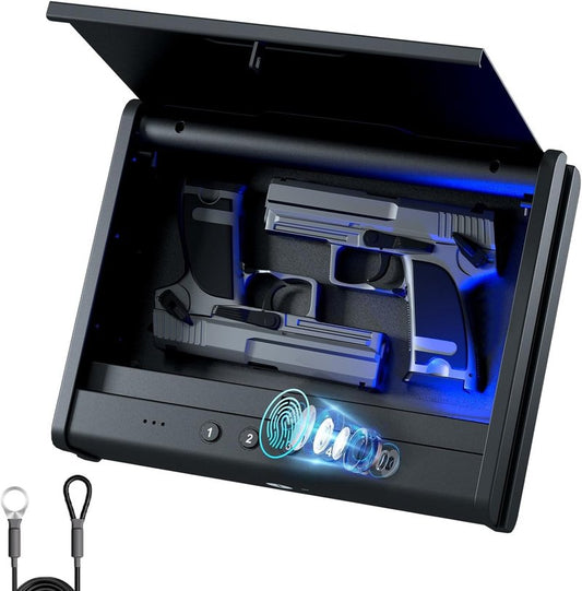 Biometric Gun Safe for Handgun - Quick Access Pistol Safe with Fingerprint & Voice Navigation | Interior Light, Mute Mode, Steel Cable Included