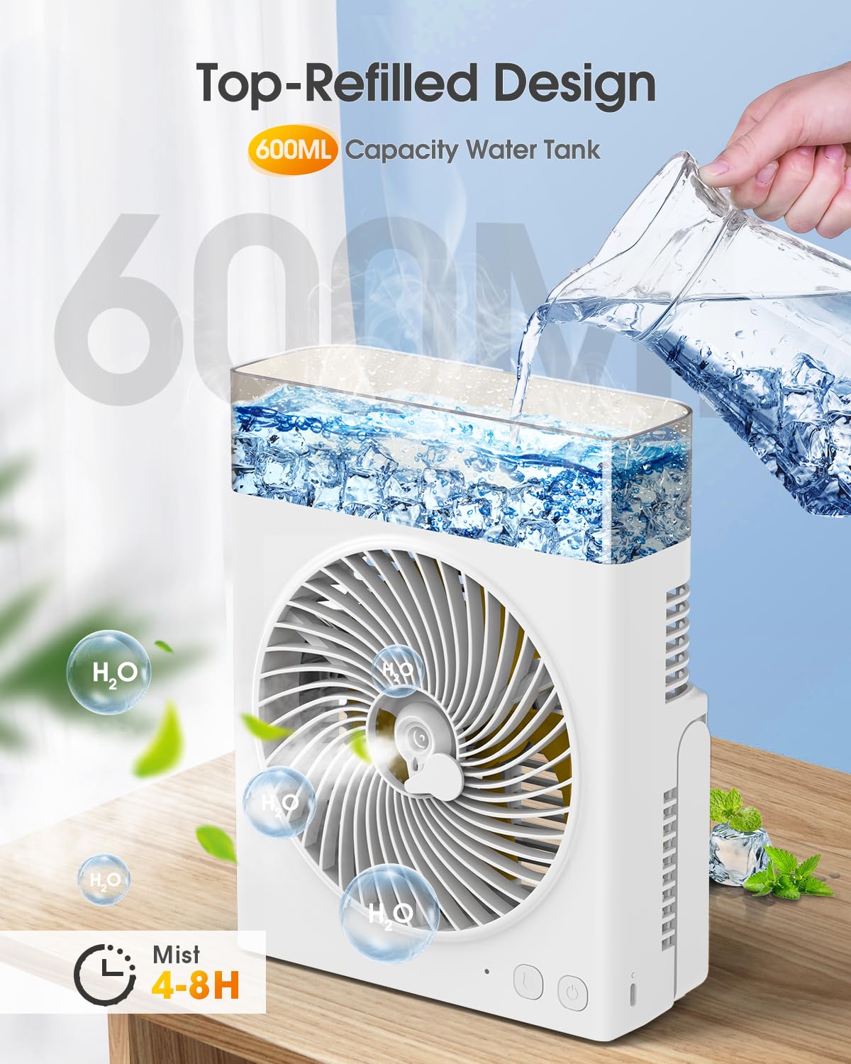JINLICTE Portable Misting Fan, 8000mAh 8-Inch Rechargeable Water Cooling Mist Fan with 600mL Water Tank, Quiet USB Battery Powered, Perfect for Camping Home Outside Office Travel
