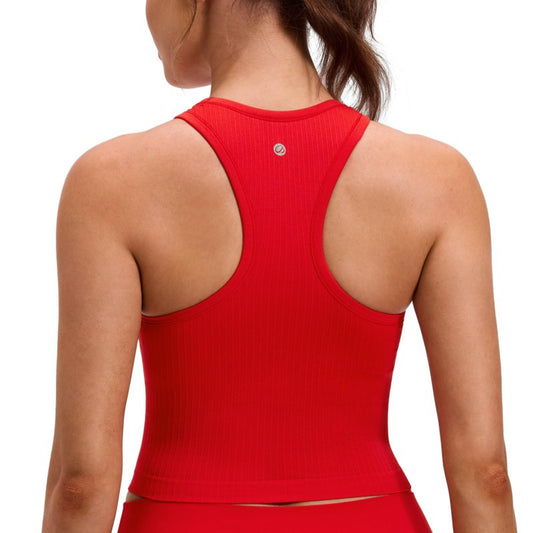 CRZ YOGA Seamless Ribbed High Neck Crop Tank Tops for Women - Longline Racerback Padded Sports Bras Deep Red Small