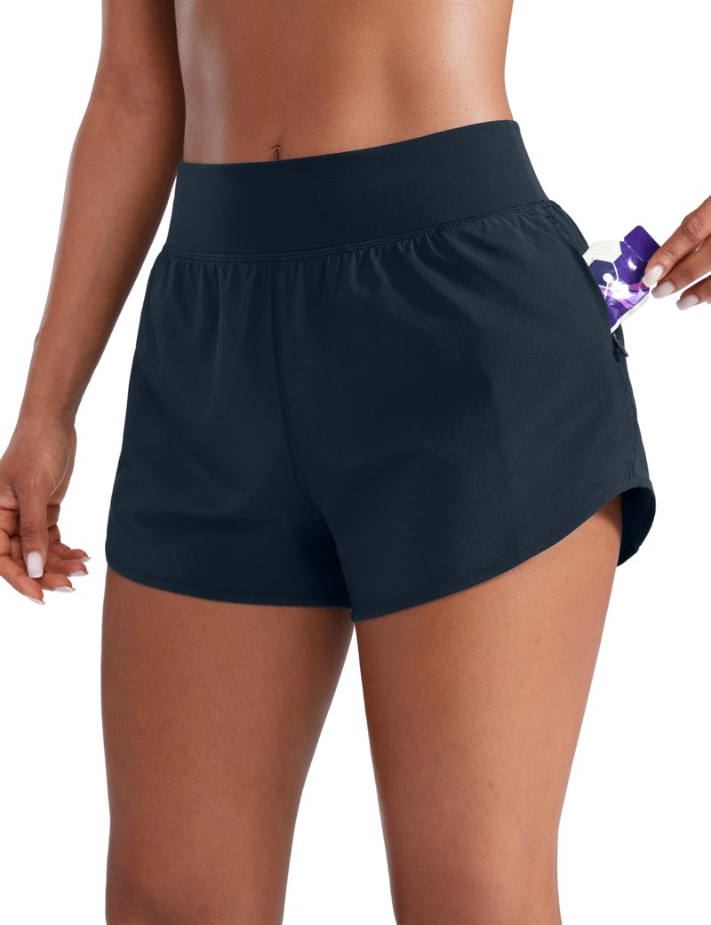 CRZ YOGA Mid Flat Waisted Running Shorts for Women 3" - Mesh Liner Quick Dry for Workout Sport Athletic with Zipper Pocket True Navy Medium